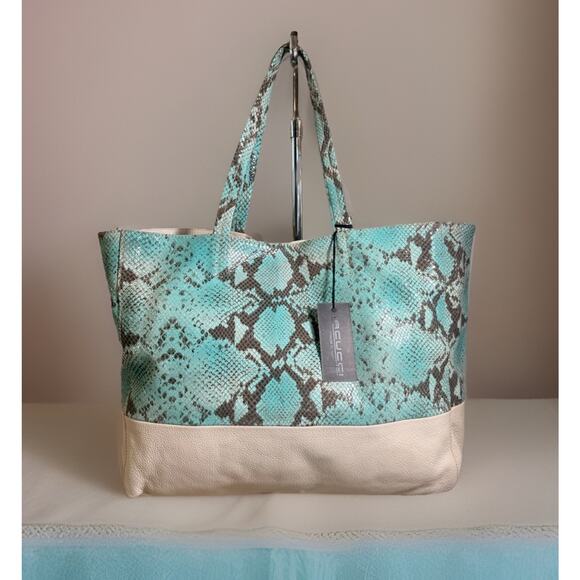 NEW IACUCCI Made in Italy Turquoise Python Print Leather Tote Bag - Picture 1 of 12